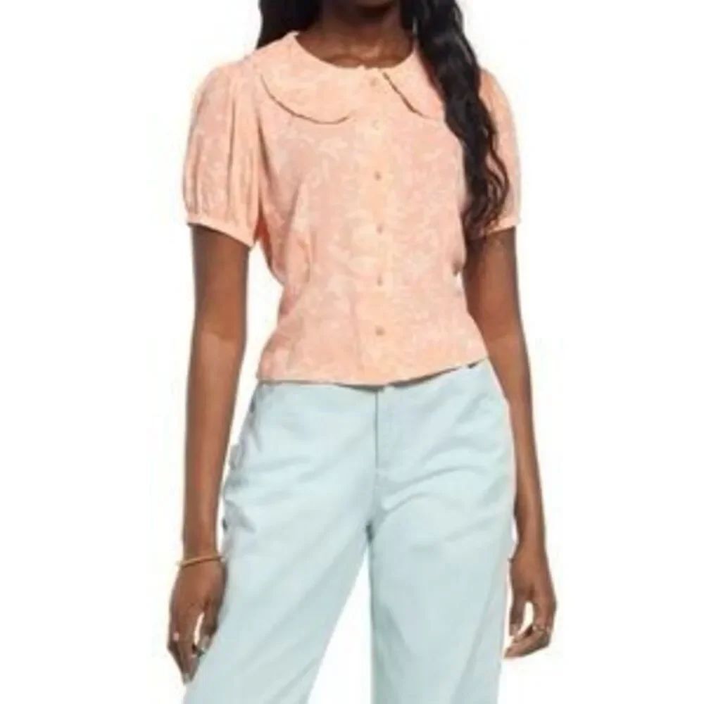 BP. Orange Floral Cropped Blouse Size S Short Sleeve Frilly Collar Cottagecore